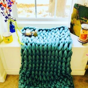 Chunky Knit Blanket Blue Vegan 36”x60” Handmade Made To Order